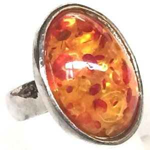 Vintage Faux Honey Amber Cocktail Ring Size 7 8 Oval Cut Silver Plated Simulated